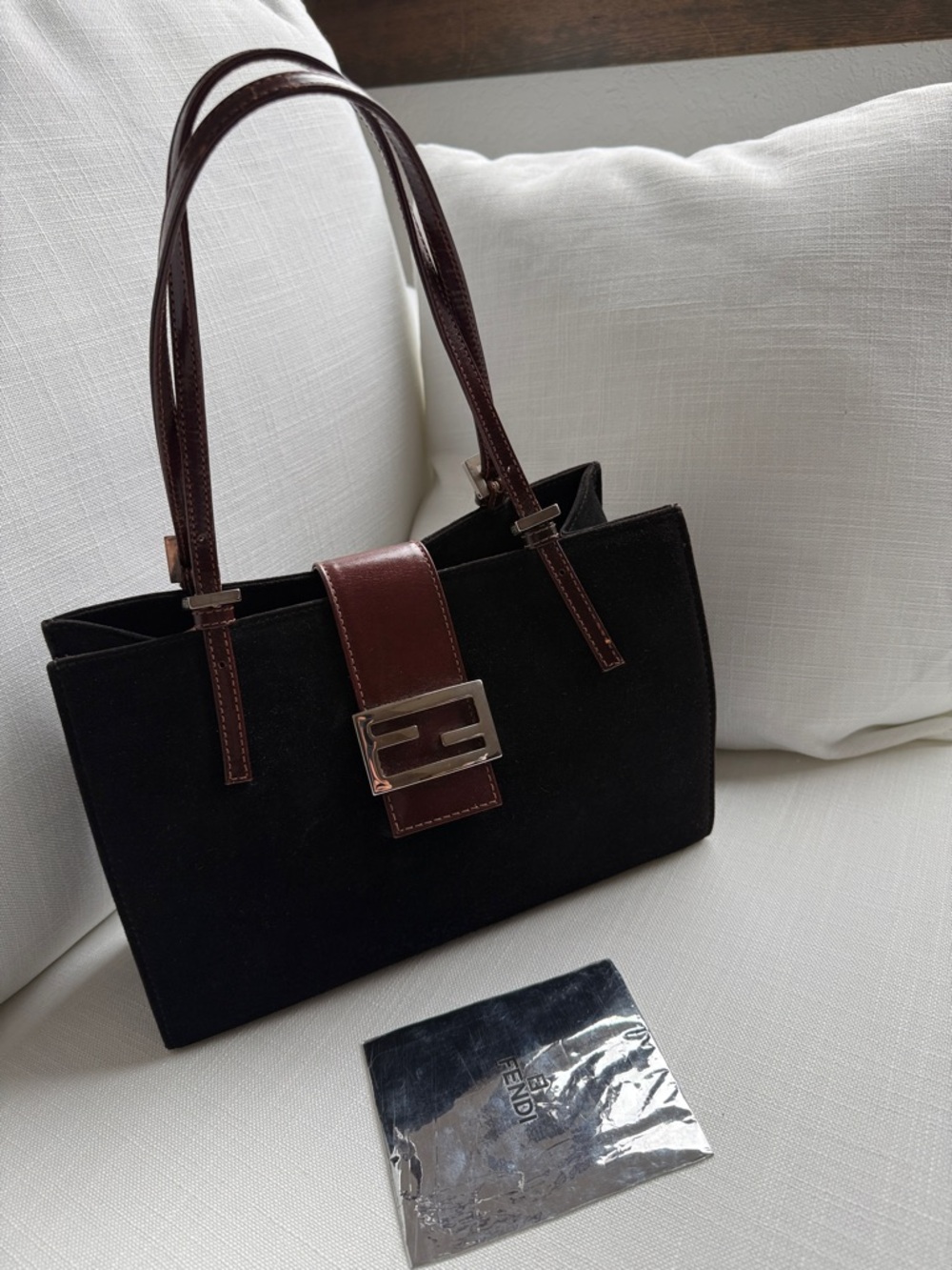 Fendi Black Suede with Brown Leather Strap Shoulder Bag